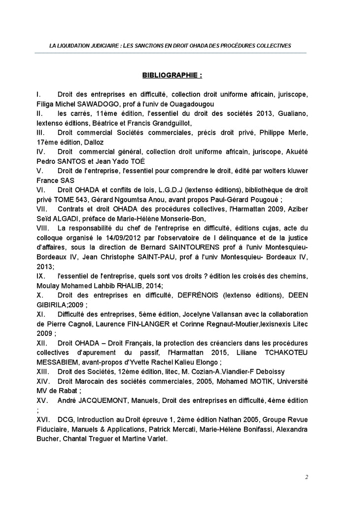 Analyse des diverses sanctions dans le cadre de l'acte uniforme relatif aux procedures collectives