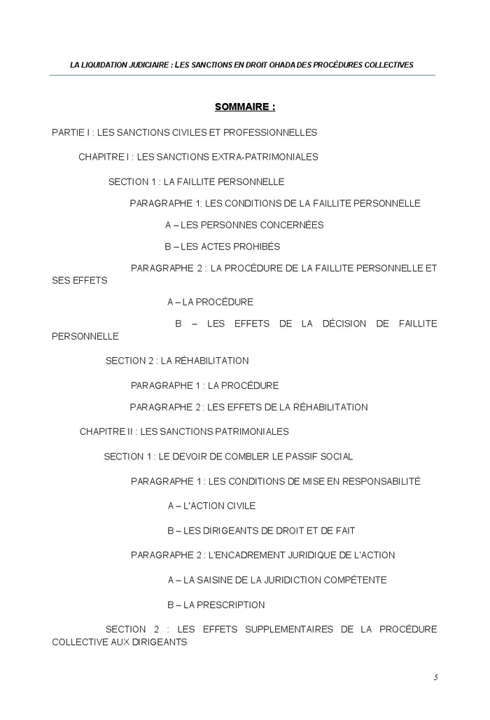 Analyse des diverses sanctions dans le cadre de l'acte uniforme relatif aux procedures collectives