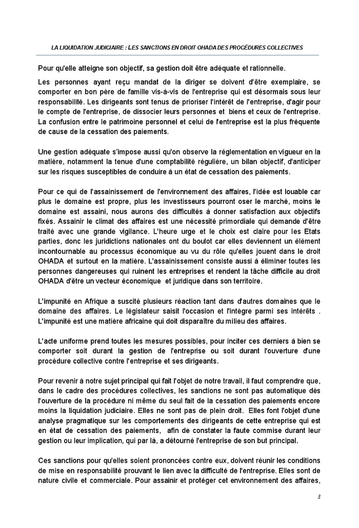 Analyse des diverses sanctions dans le cadre de l'acte uniforme relatif aux procedures collectives
