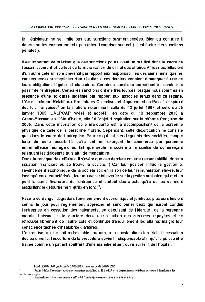 Analyse des diverses sanctions dans le cadre de l'acte uniforme relatif aux procedures collectives