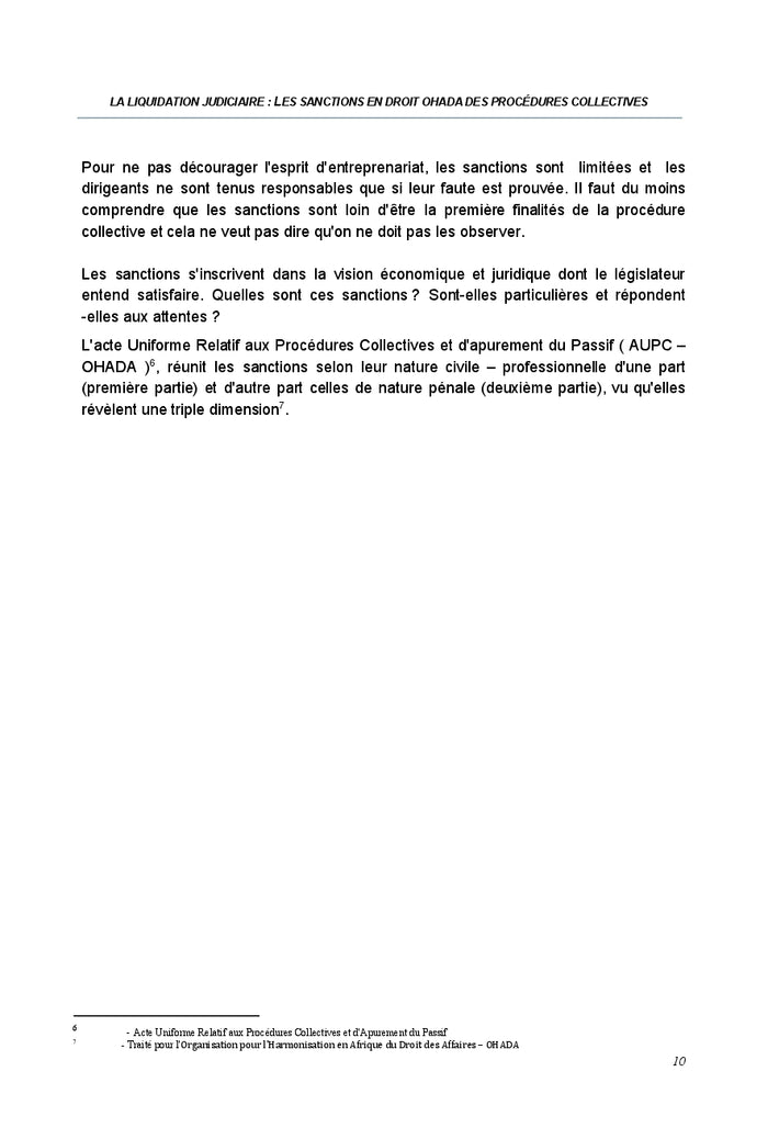 Analyse des diverses sanctions dans le cadre de l'acte uniforme relatif aux procedures collectives