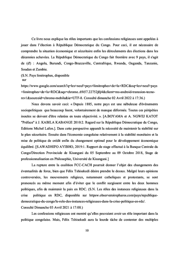 République Démocratique du Congo Elections et confessions religieuses