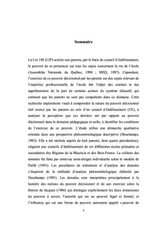 Conditions de l'exercice du pouvoir decisionnel des parents a l'ecole