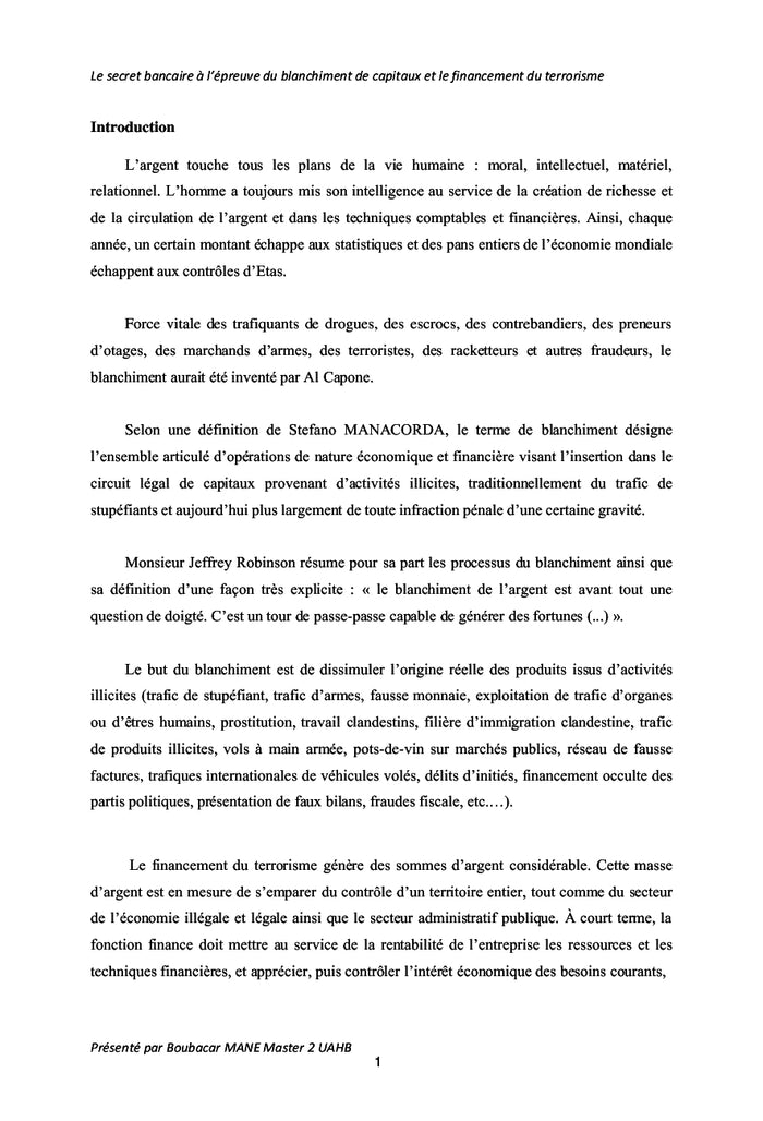 Le secret bancaire: blanchiment de capitaux, financement du terrorisme