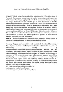 L'ouverture internationale et le marché du travail algérien