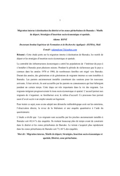 Migration interne à destination du district de Bamako et environs