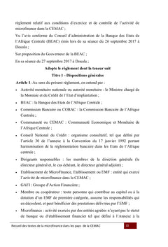 Recueil des textes CEMAC relatifs à l'activité de microfinance