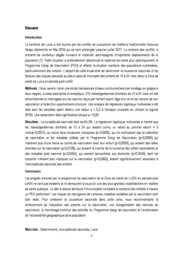 Déterminants de l'Incomplétude Vaccinale chez les enfants de 12-24 mois