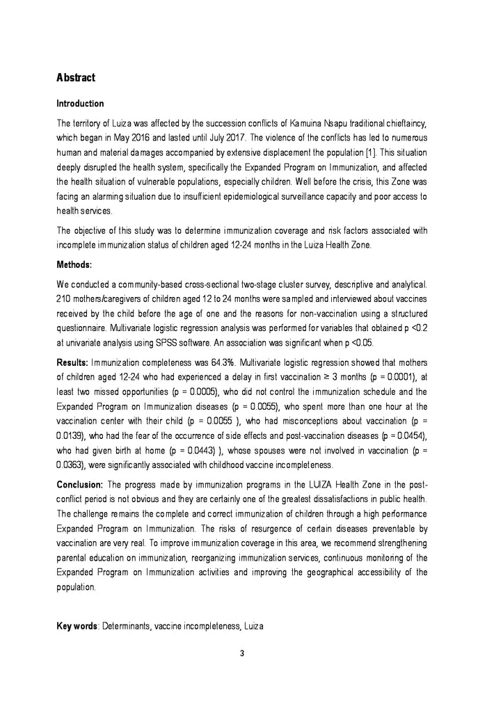 Déterminants de l'Incomplétude Vaccinale chez les enfants de 12-24 mois