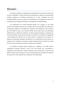 Performances du cycle d'une turbine à gaz avec pile à combustible