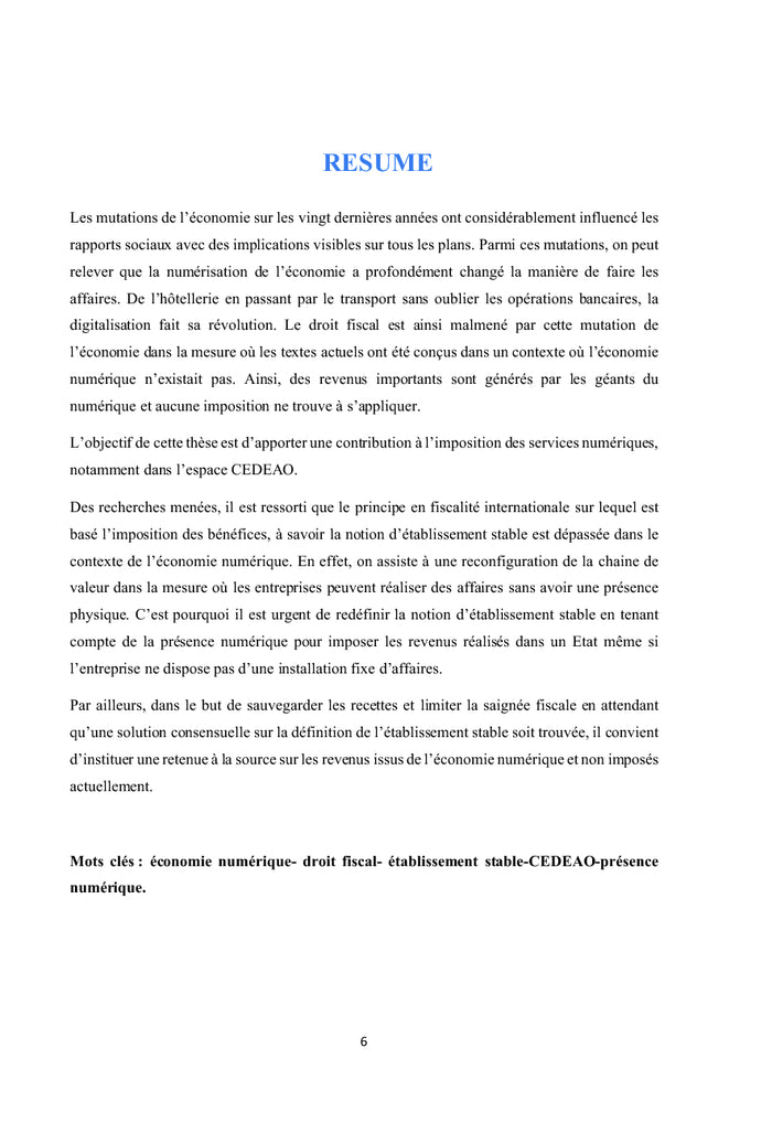 Contribution à la mise en place d'une fiscalité de l'économie numérique dans l'espace CEDEAO