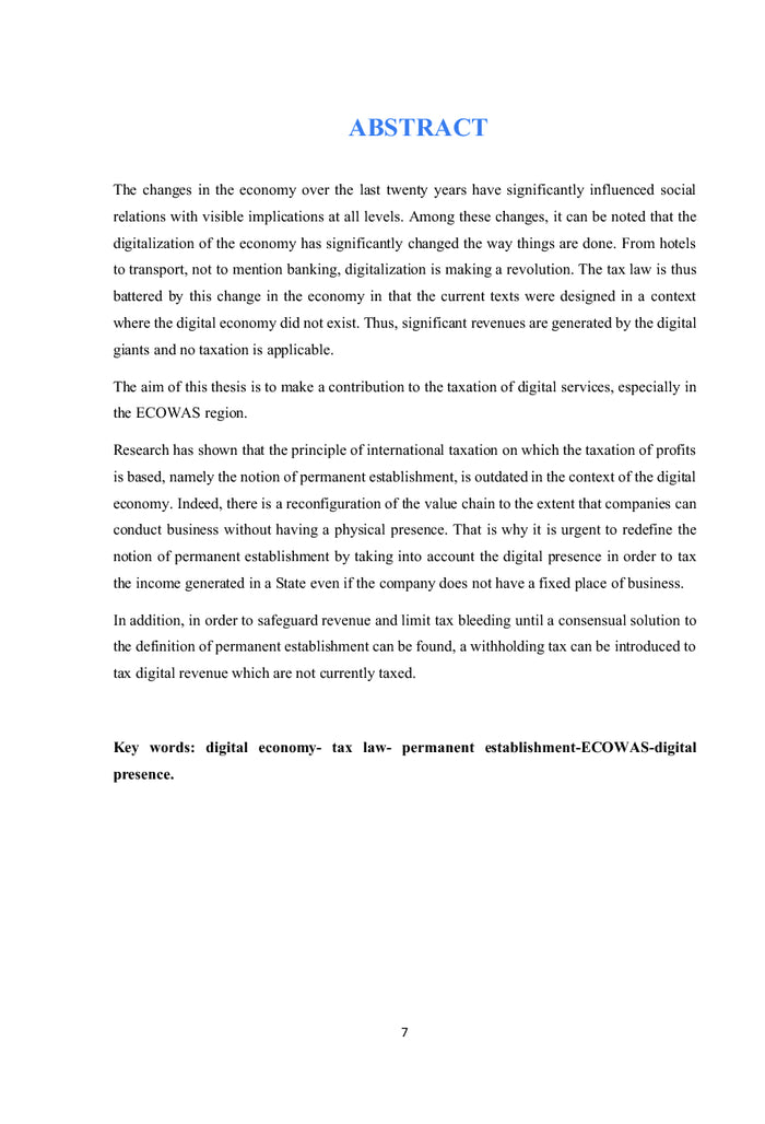 Contribution à la mise en place d'une fiscalité de l'économie numérique dans l'espace CEDEAO