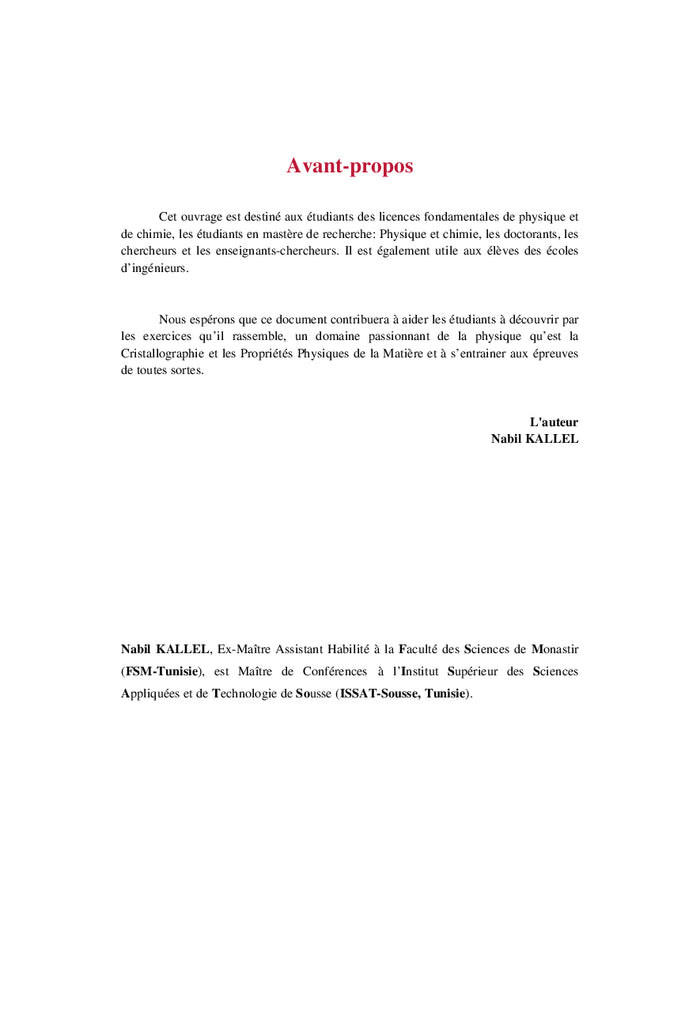 Cristallographie et Propriétés Physiques de la Matière