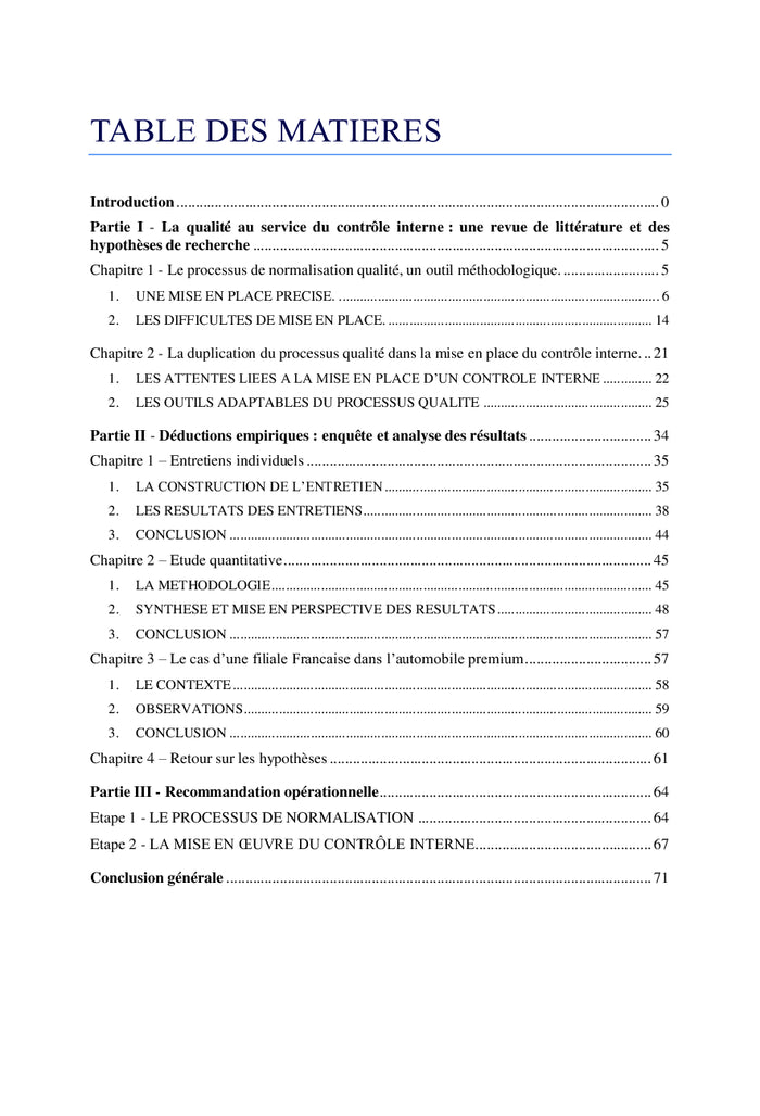 Le contrôle interne par le management de la Qualité