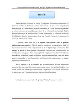 La coutume Internationale dans la pratique diplomatique camerounaise