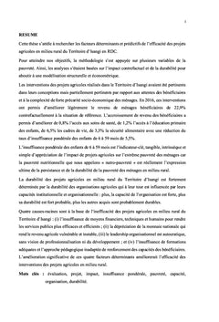Facteurs déterminants et prédictifs des projets agricoles en RD Congo