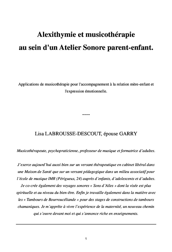 Alexithymie et Musicothérapie : atelier sonore parent-enfant