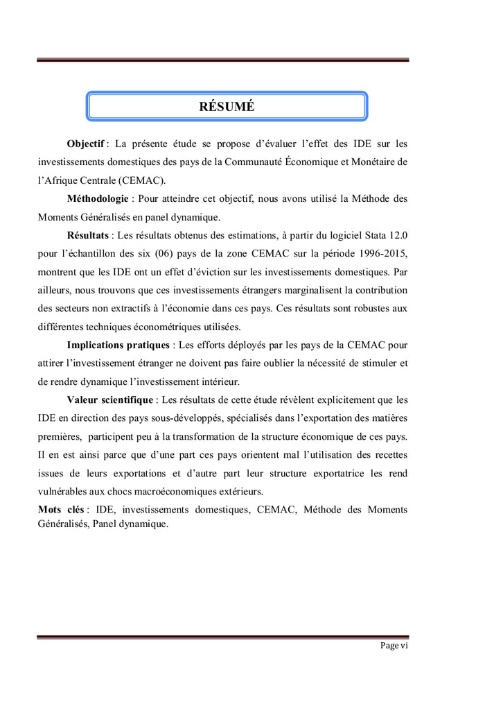 Effets des Investissements directs étrangers sur les investissements domestiques...