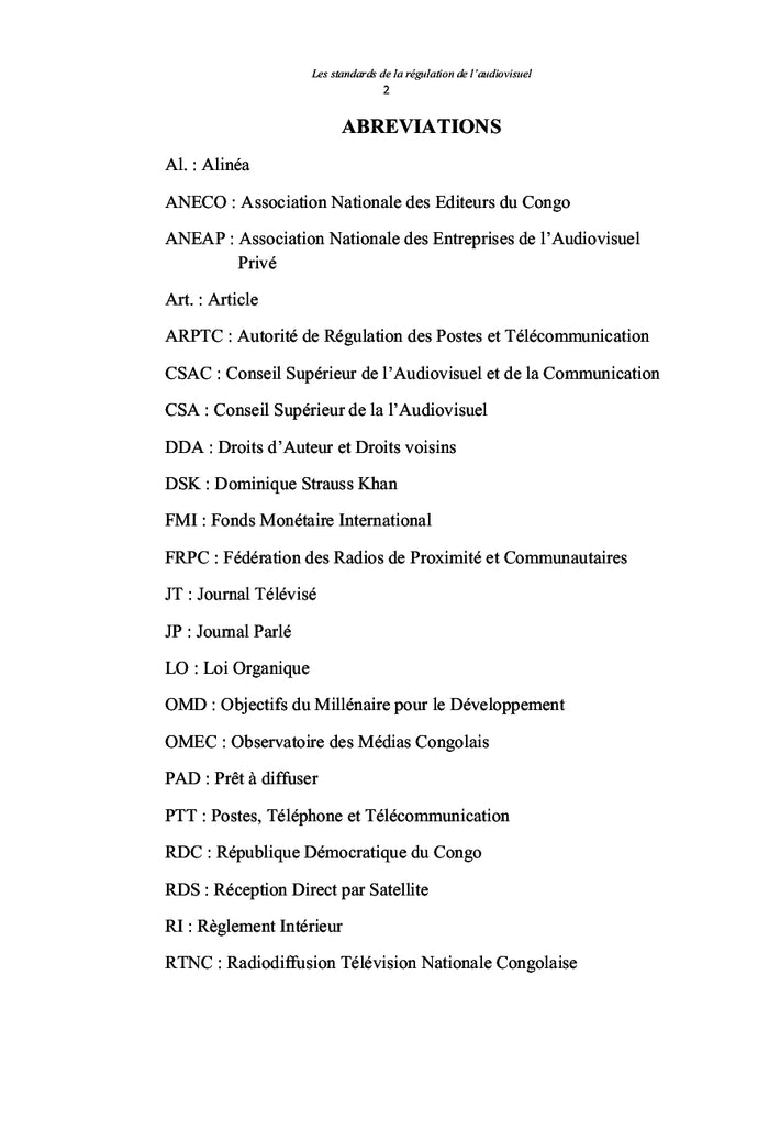 Les standards dans la régulation de l'audiovisuel en République Démocratique du Congo