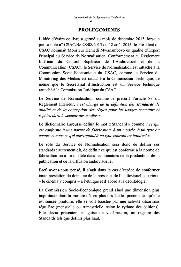 Les standards dans la régulation de l'audiovisuel en République Démocratique du Congo