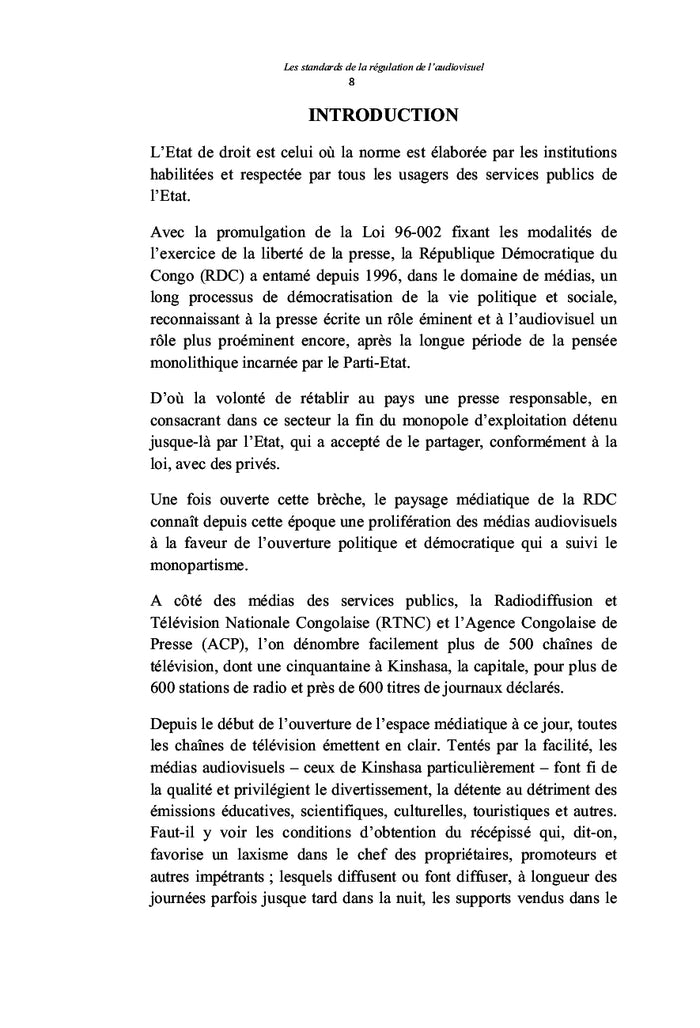 Les standards dans la régulation de l'audiovisuel en République Démocratique du Congo
