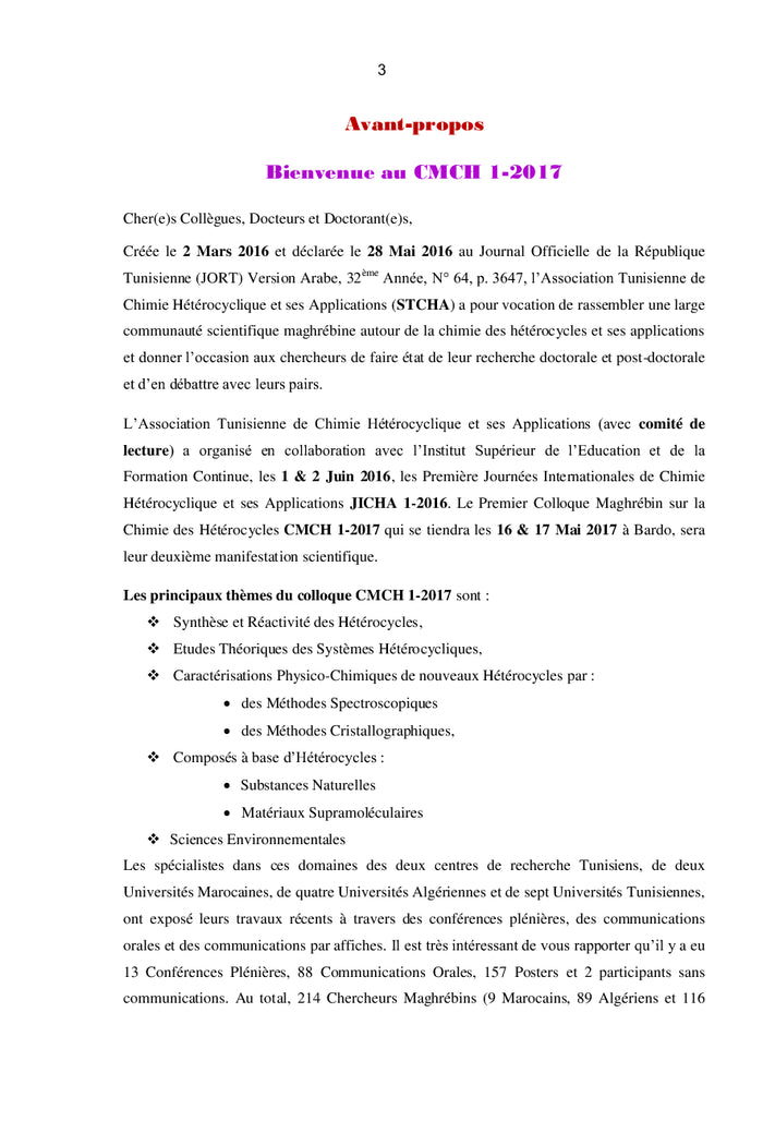 Recueil du Premier Colloque Maghrébin sur la Chimie des Hétérocycles