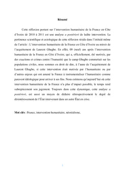 Intervention humanitaire de la France en Cote d'Ivoire au miroir de l'acquittement de Laurent Gbagbo