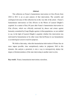 Intervention humanitaire de la France en Cote d'Ivoire au miroir de l'acquittement de Laurent Gbagbo
