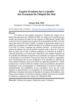 Enquête d'opinion des usagers - Projet médical de l'hôpital du Mali