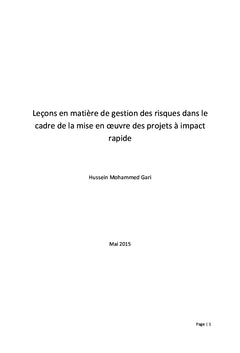 Gestion des risques Leçons tirées de la mise en oeuvre des projets à impact rapide
