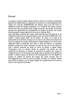 Gestion des risques Leçons tirées de la mise en oeuvre des projets à impact rapide