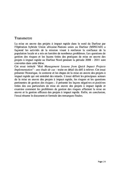 Gestion des risques Leçons tirées de la mise en oeuvre des projets à impact rapide