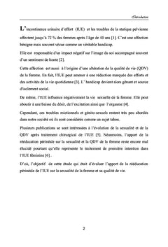 Apport de la rééducation périnéale dans l'incontinence urinaire d'effort et la sexualité féminine