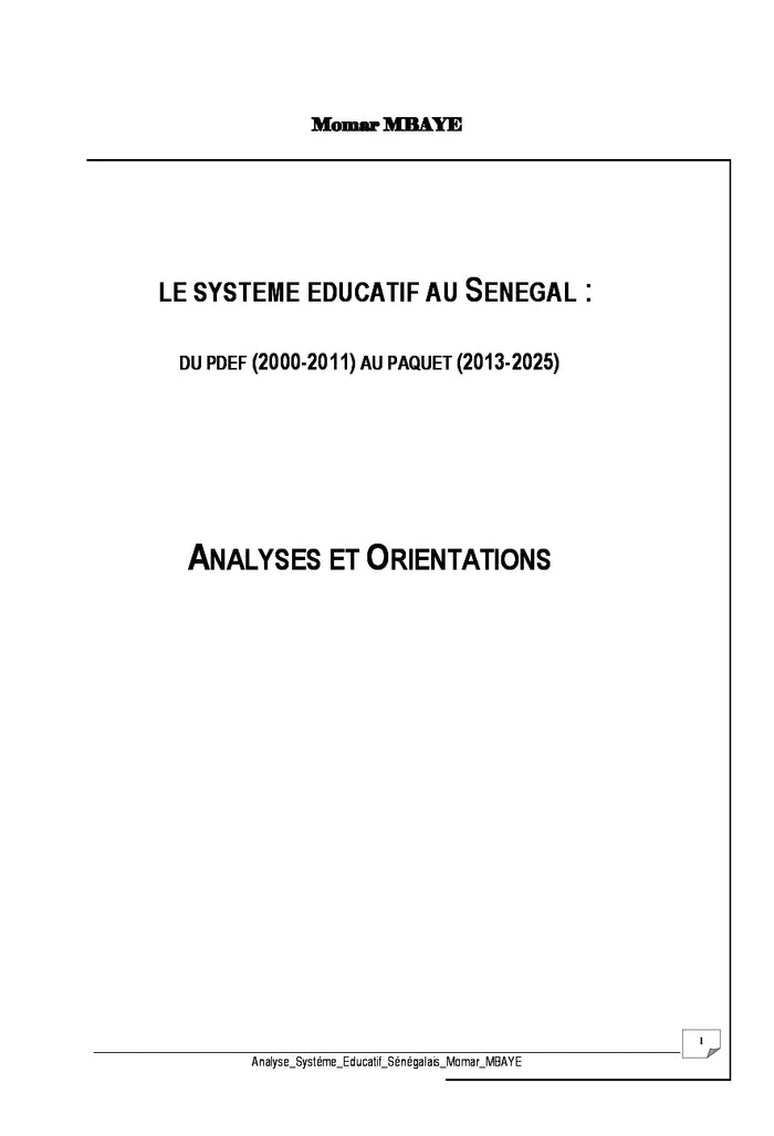 Analyse du systeme educatif au Senegal du pdef au paquet