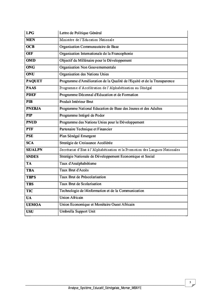 Analyse du systeme educatif au Senegal du pdef au paquet