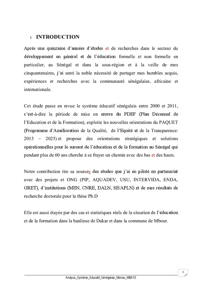 Analyse du systeme educatif au Senegal du pdef au paquet