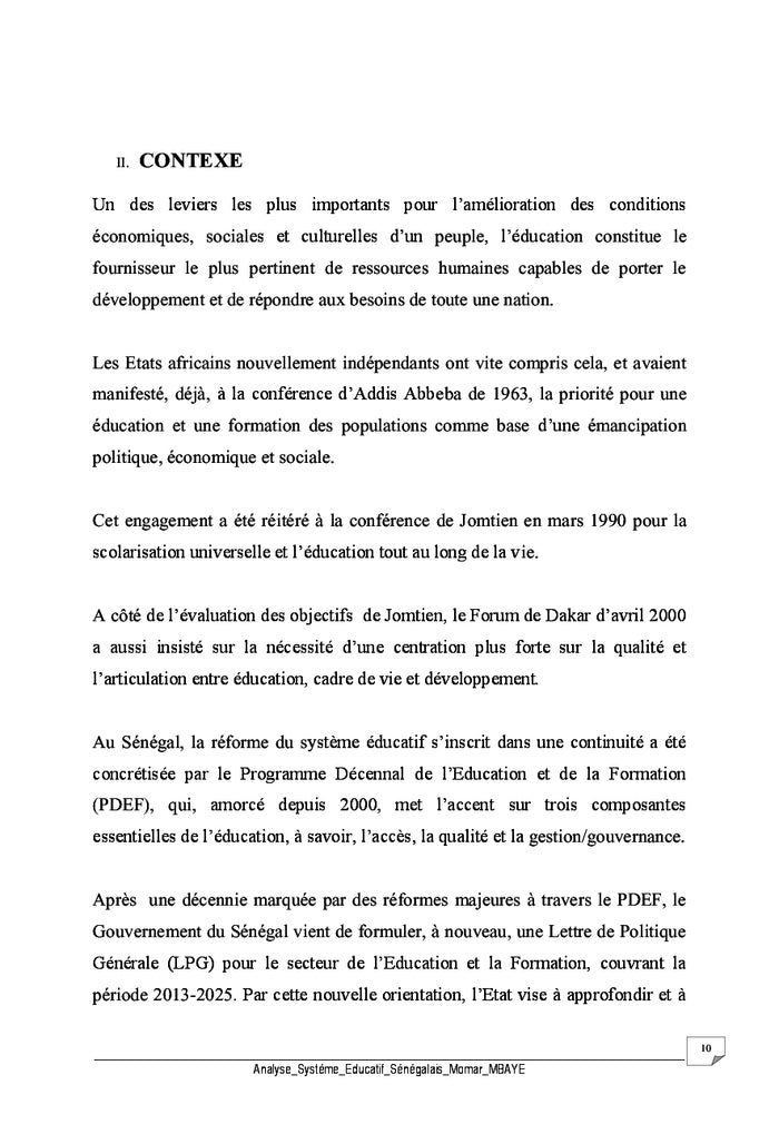 Analyse du systeme educatif au Senegal du pdef au paquet