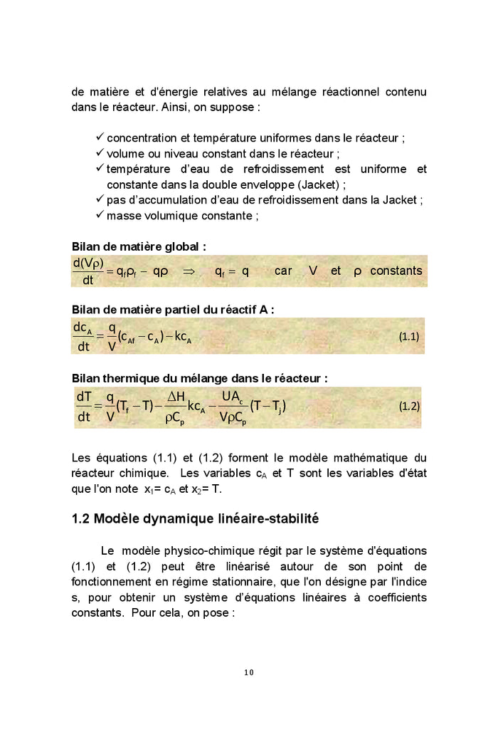 Dynamique et commande d'un réacteur chimique