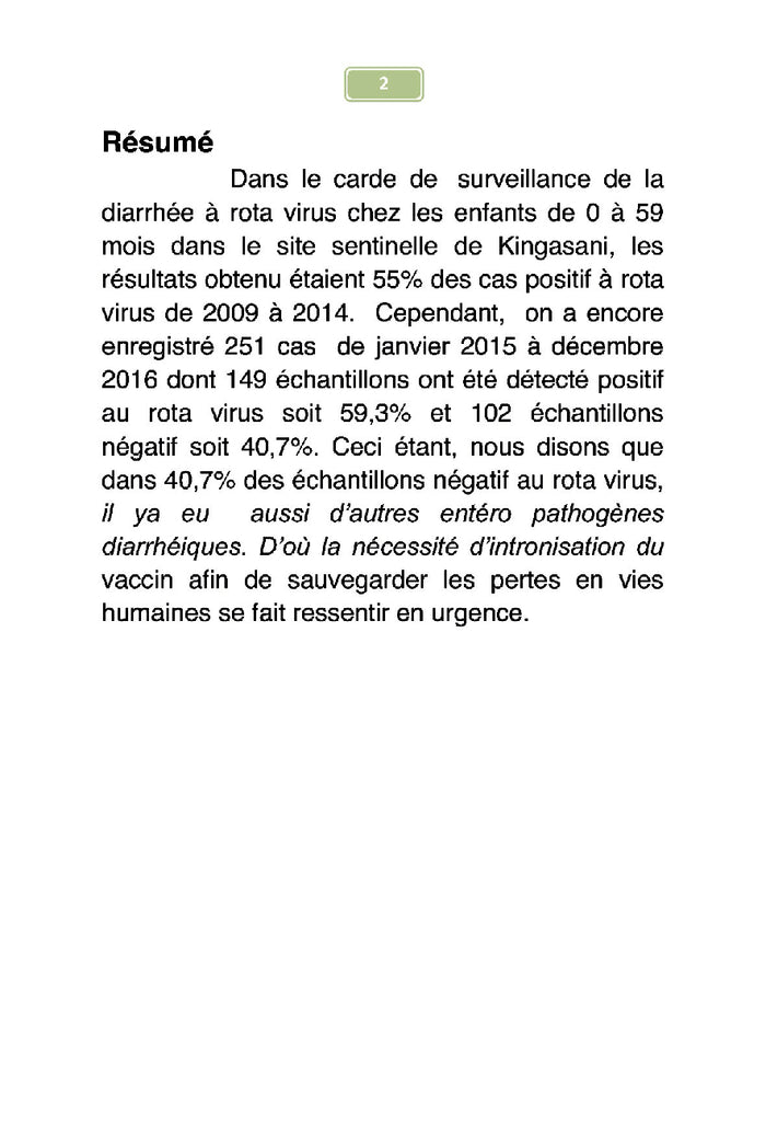 Etude sur la morbidité de la diarrhée à rotavirus chez les enfants