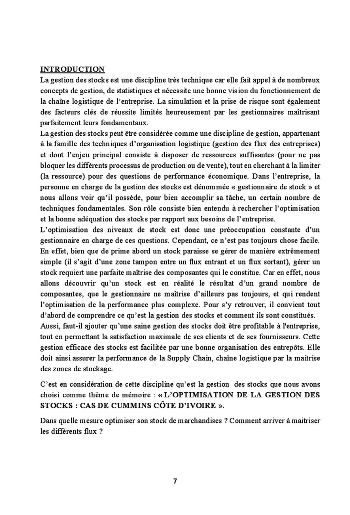 Problematique de la gestion des stocks