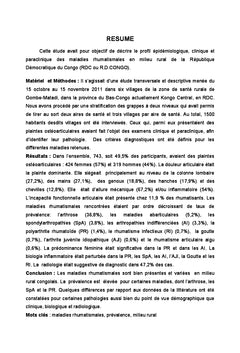 Facies des Maladies Rhumatismales en milieu rural de la R.D.CONGO