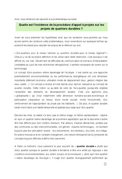 Les projets de quartiers durables et les procédures d'Appels d'Offres