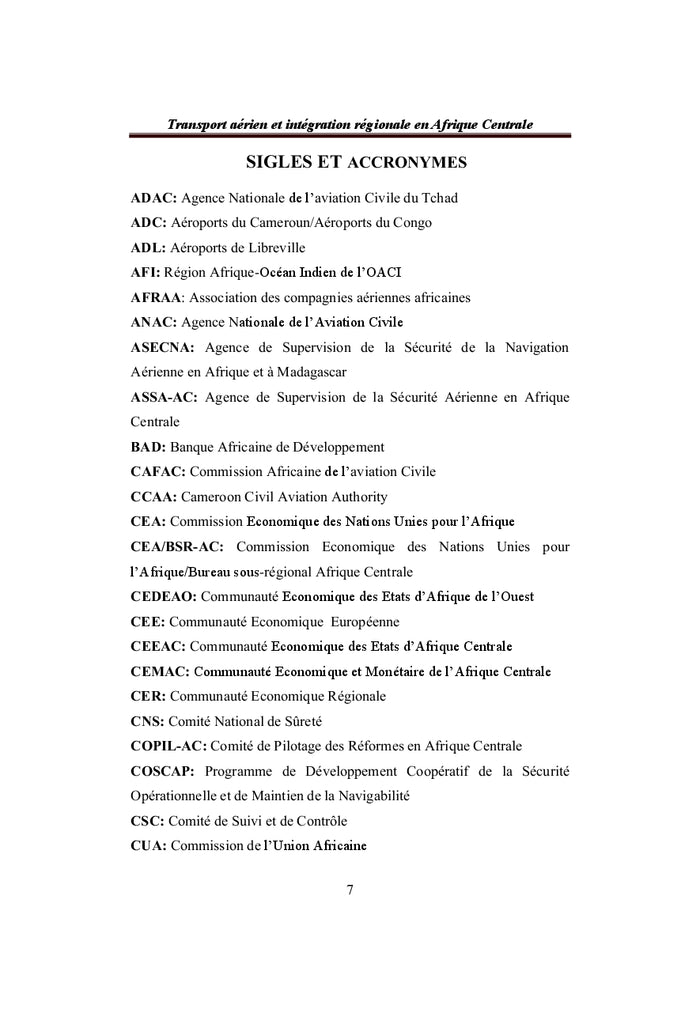 Transport aérien et intégration régionale en Afrique Centrale