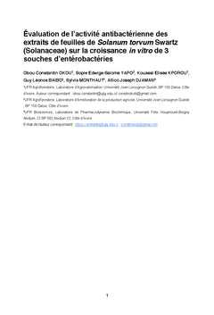 Activité antibactérienne des extraits de feuilles de Solanum torvum