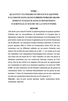 Qualité et vulnérabilité des eaux d'aquifère d'altérites à Agboville
