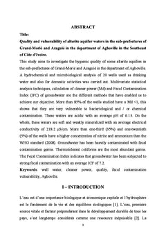 Qualité et vulnérabilité des eaux d'aquifère d'altérites à Agboville