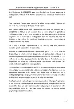 Les défis de la mise en application de la 1325 en RDC