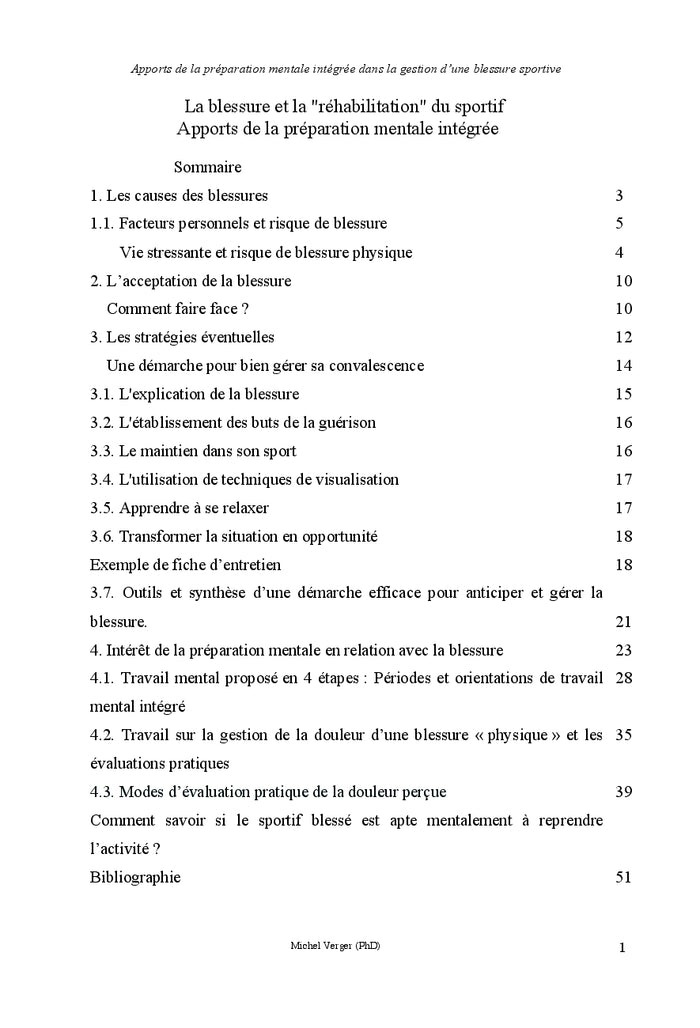 Preparation mentale et blessures occasionnees par la pratique sportive