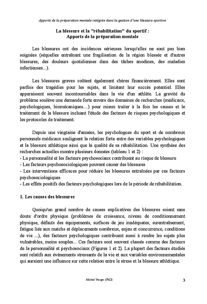 Preparation mentale et blessures occasionnees par la pratique sportive