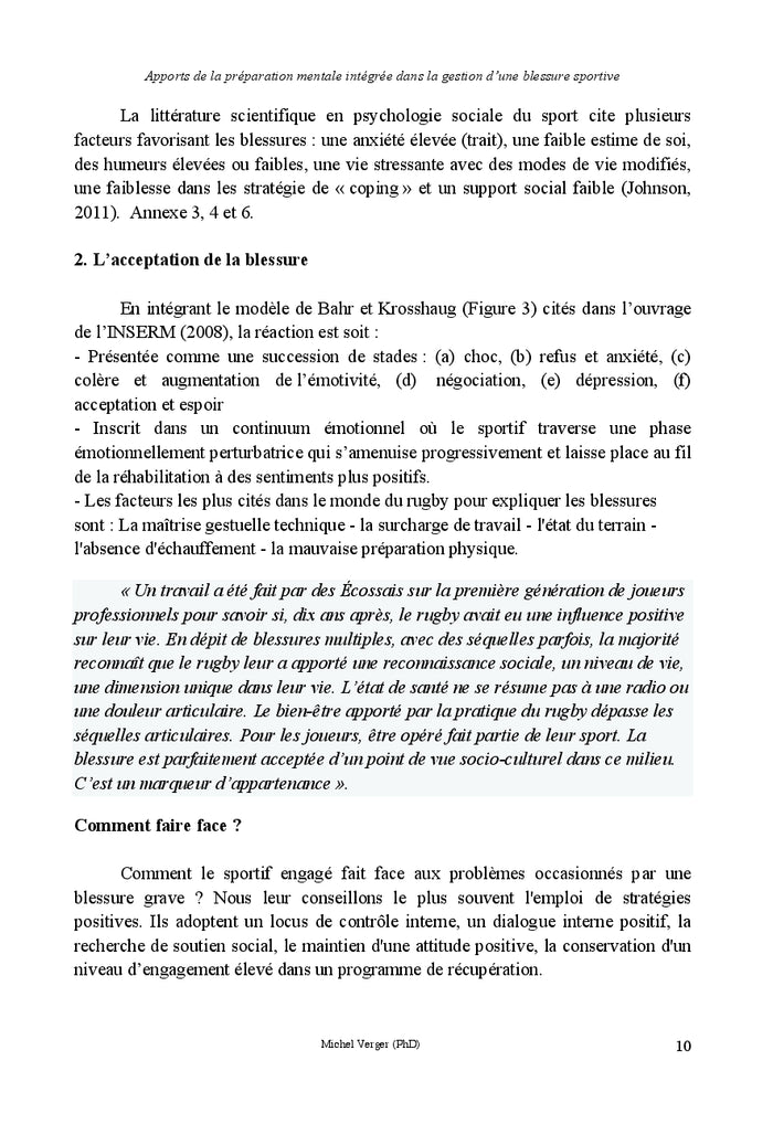 Preparation mentale et blessures occasionnees par la pratique sportive